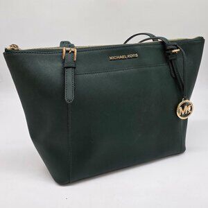 Michael Kors Green Leather Tote Bag With Gold Hardware & MK Charm Zip Top Closur